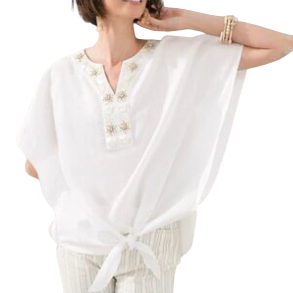 Chico’s White Travelers V-Neck Tie Front Oversize Cotton Linen Top 16/18 Petite